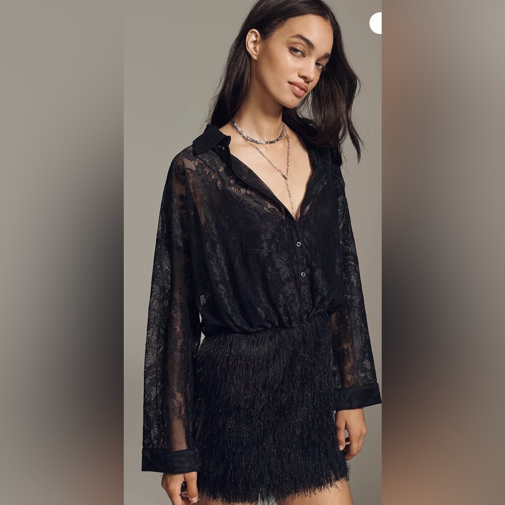 New ! Anthropology Black Sheer Lace and fringe dress